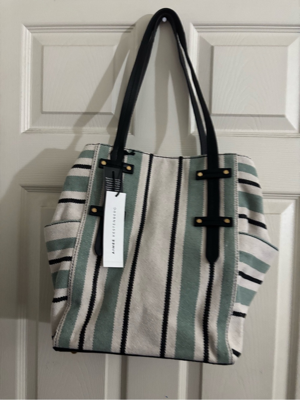 Aimee Kestenberg Sage Green, Cream & Black Striped Canvas Tote